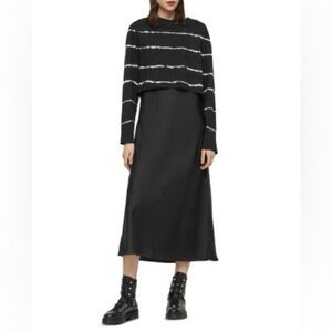 AllSaints Benno Tie-Dye Two-Piece Dress Black Striped Long Sleeve Dress L
